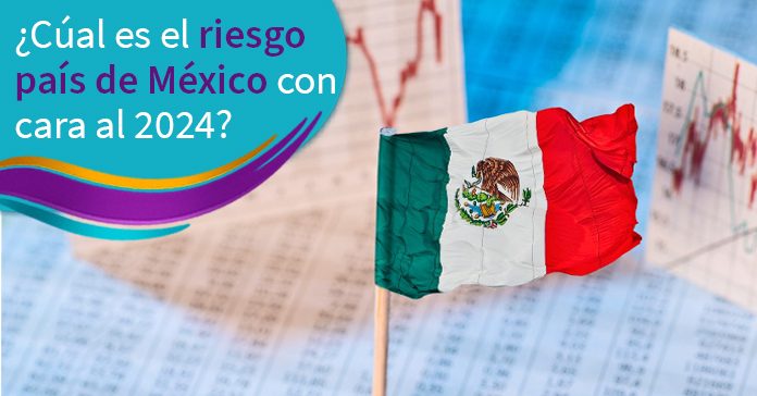 fondo lista de montos en columnas, en segundo plano, dos graficas sobre riesgos financieros, primer plano bandera de México